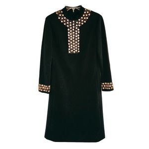American Vintage 60s Black Wool Dress with Gold Detail Made in USA